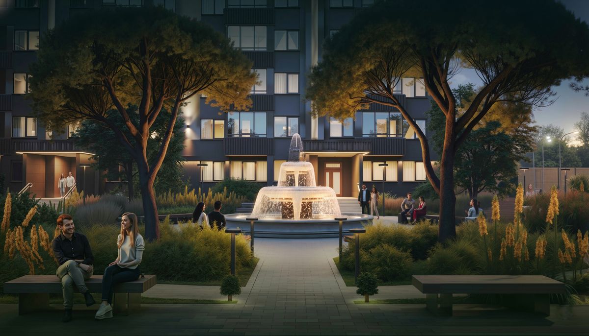 Прогулочные зоны и фонтан