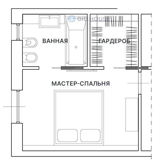 Пример планировки мастер-спальни (собственный с/у, гардеробные, зоны для работы)