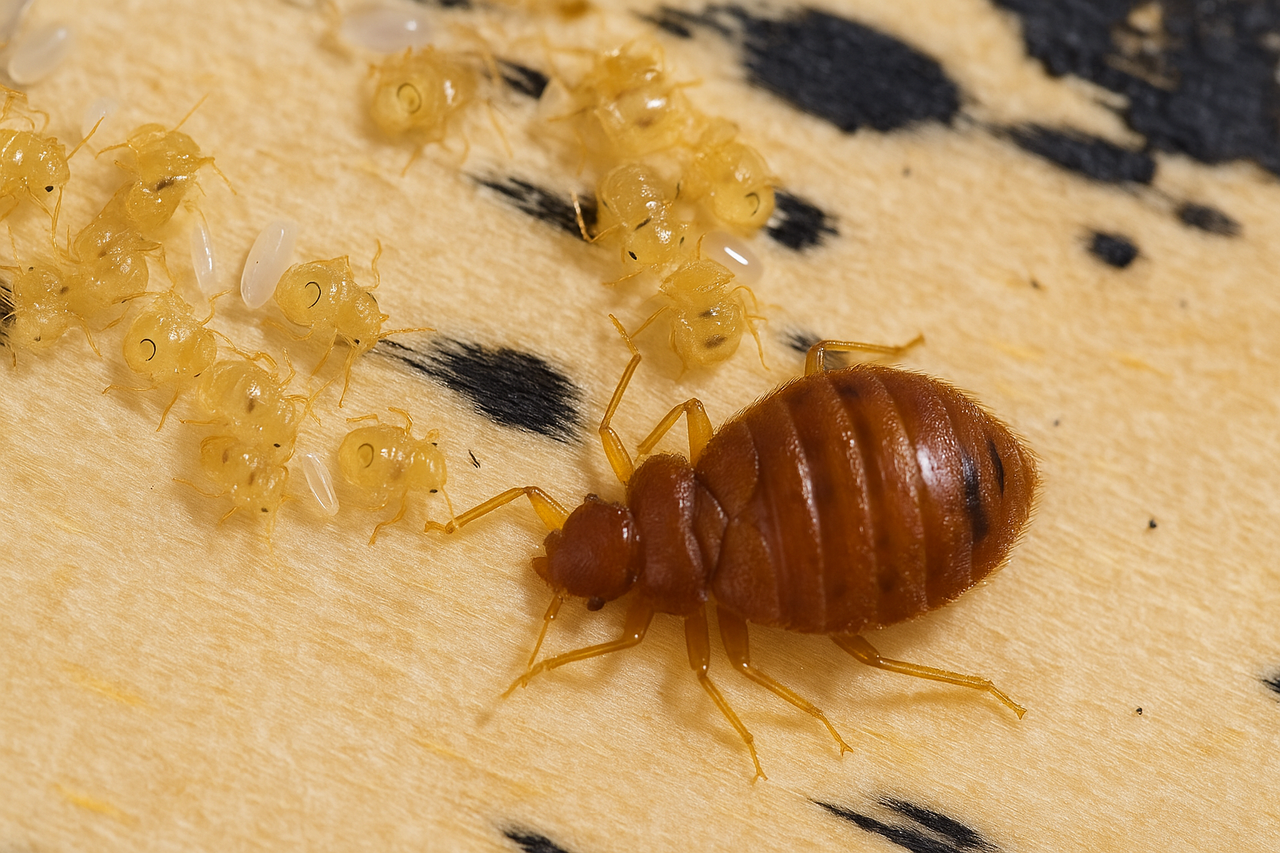 Яйца постельных клопов, нимфы и взрослая особь, генерация GID.HOUSE