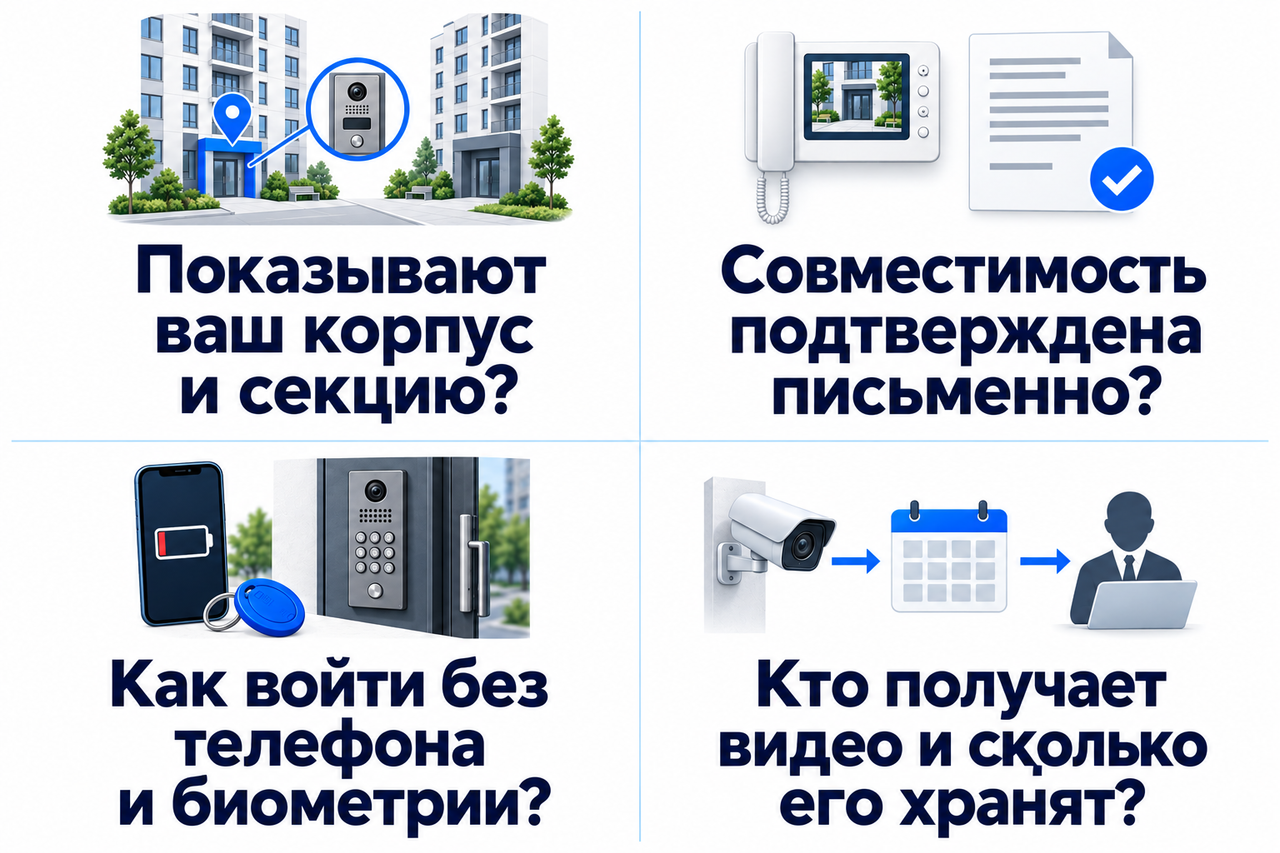 Проверьте, показывают ли вашу секцию, есть ли письменное подтверждение совместимости, предусмотрен ли вход без телефона и биометрии и понятны ли доступ к видео и срок его хранения.