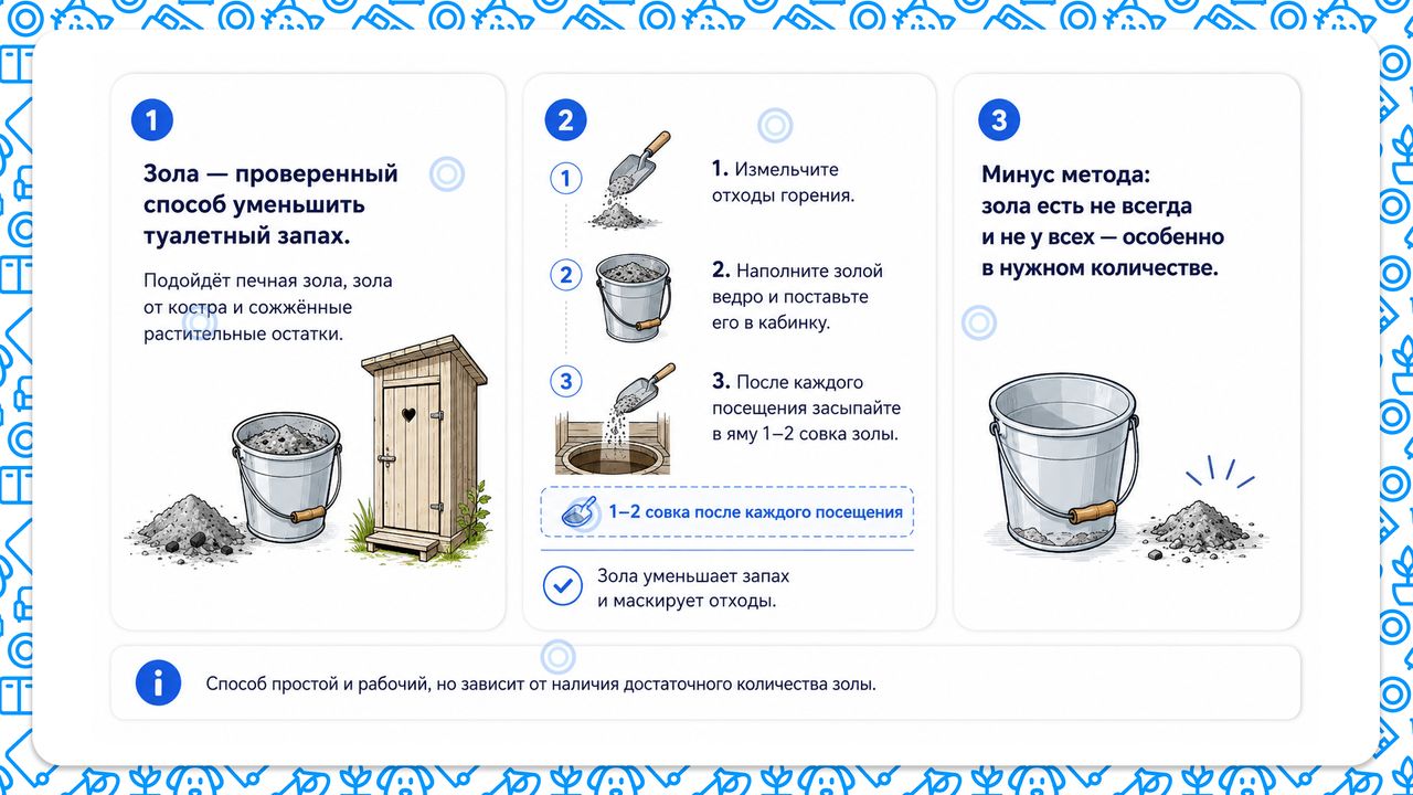 Использование золы для избавления от запахов уличного туалета
