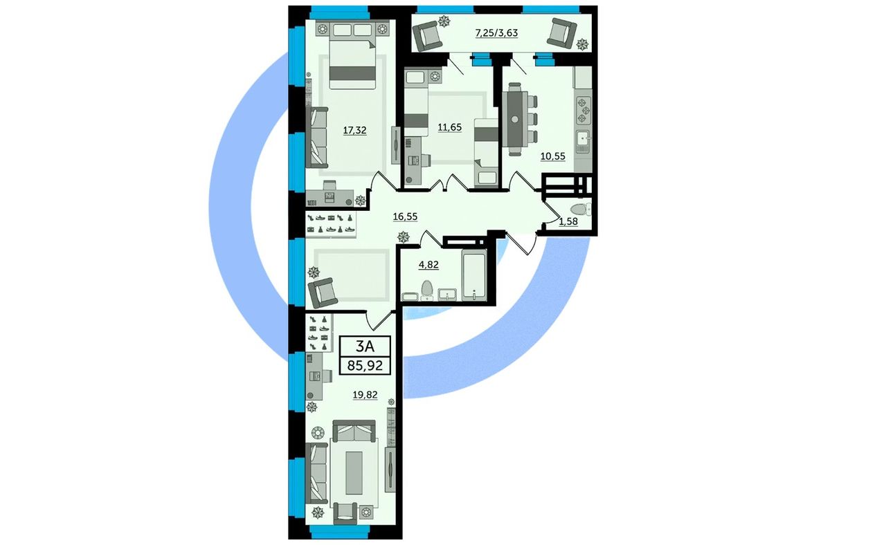 Угловая 3-комнатная — 85,92 м²