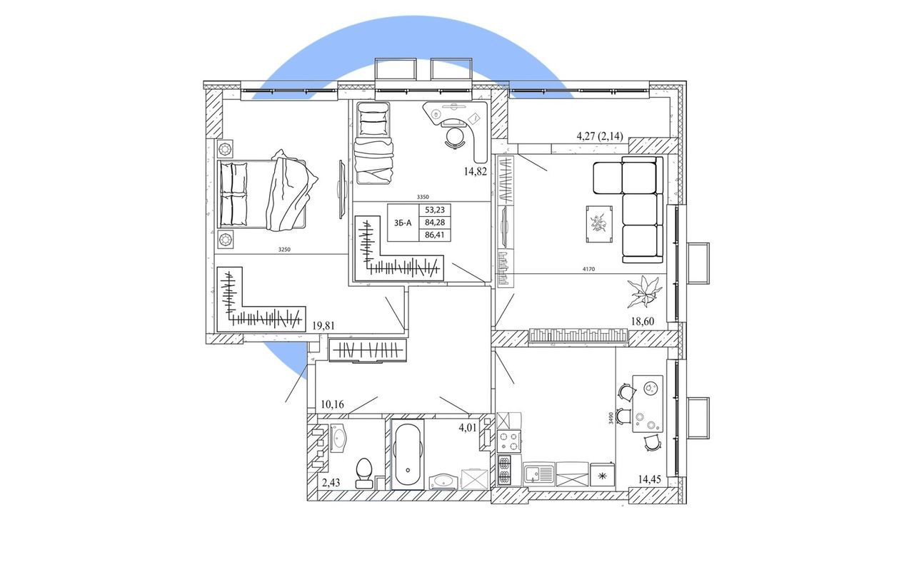 Угловая 3-комнатная — 86,41 м²