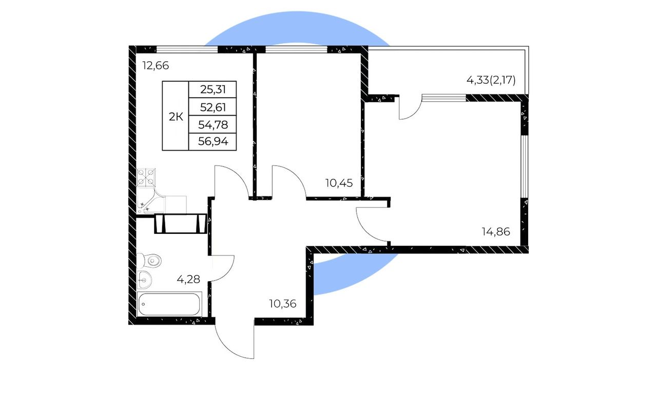 Угловая 2-комнатная — 56,94 м²