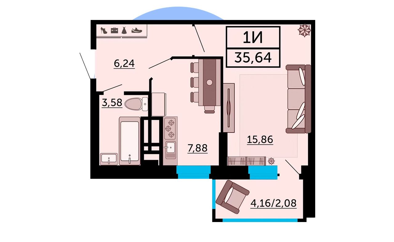 1к-квартира 35,64, планировка