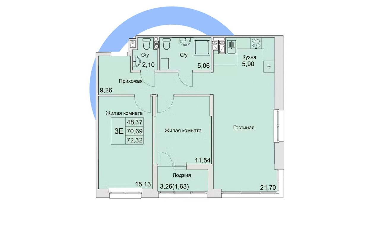 Угловая Евротрехкомнатная — 72,32 м²