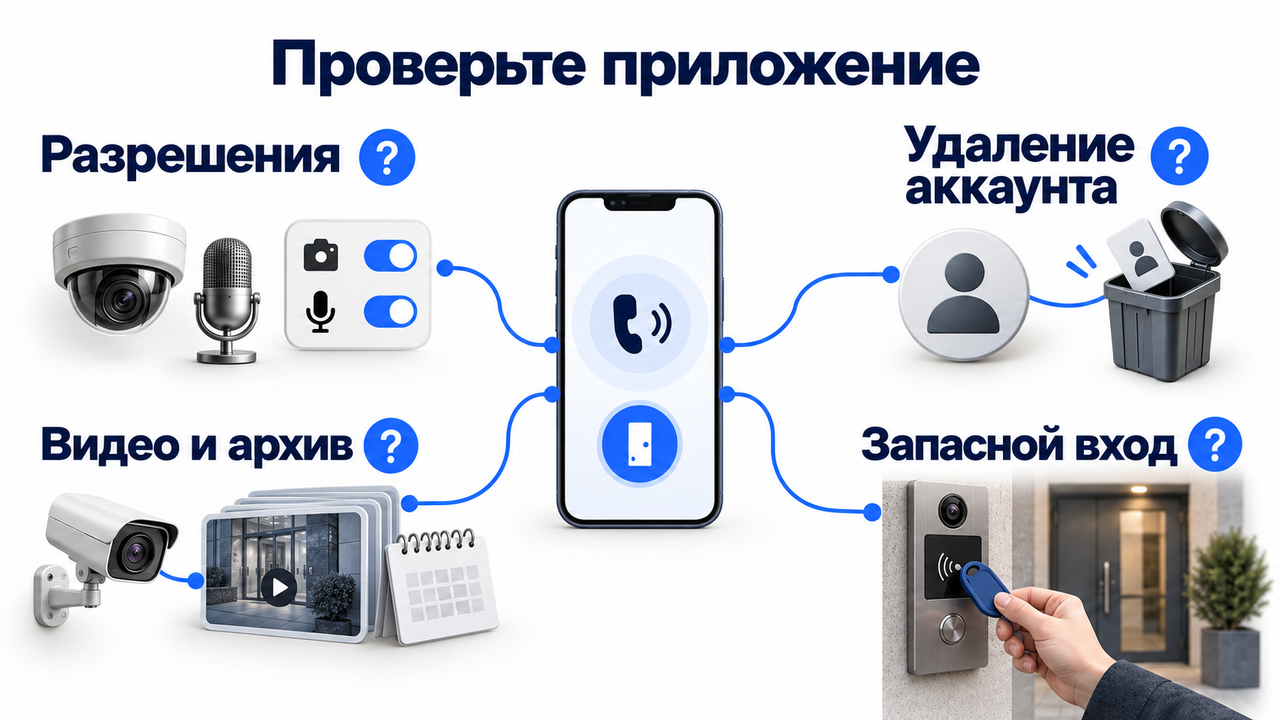 Четыре проверки приложения домофона: нужные данные и разрешения, доступ к видео и срок хранения записи, удаление аккаунта и предусмотренный вход без телефона.