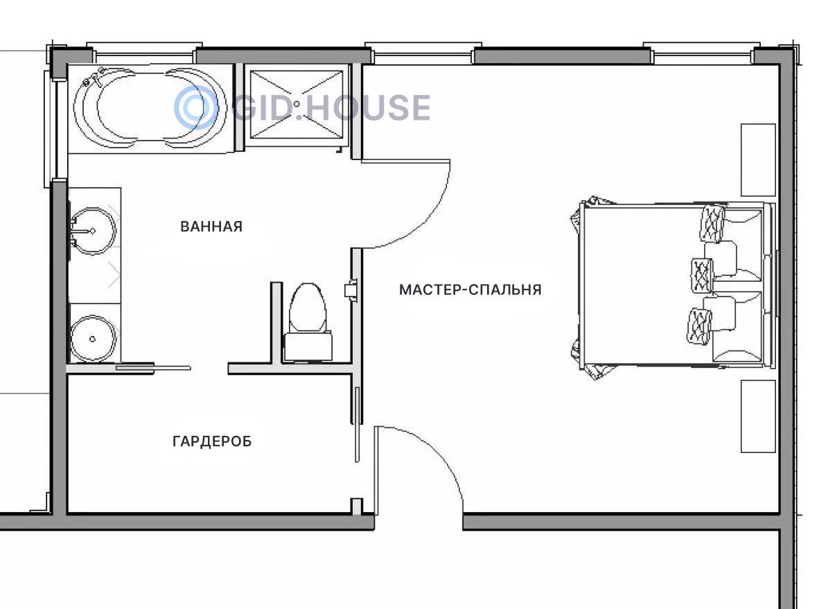 Пример планировки мастер-спальни (собственный с/у, гардеробные, зоны для работы)