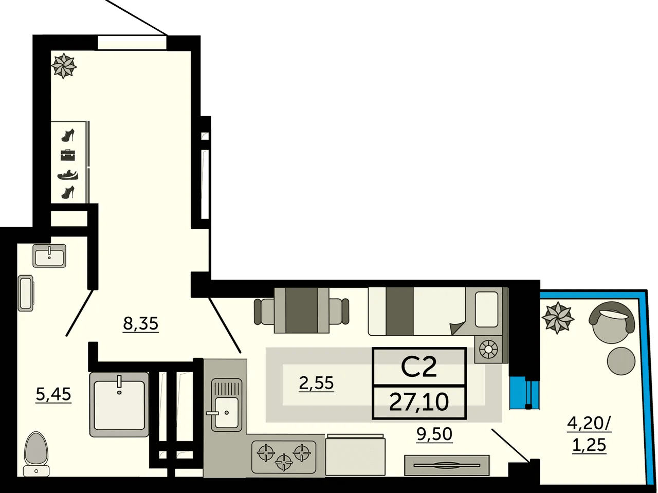 Студия 27,10м2