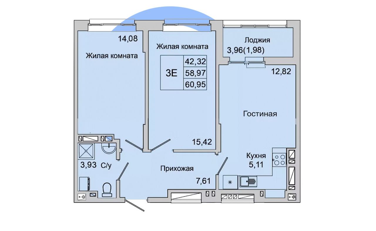 Линейная планировка двухкомнатной квартиры