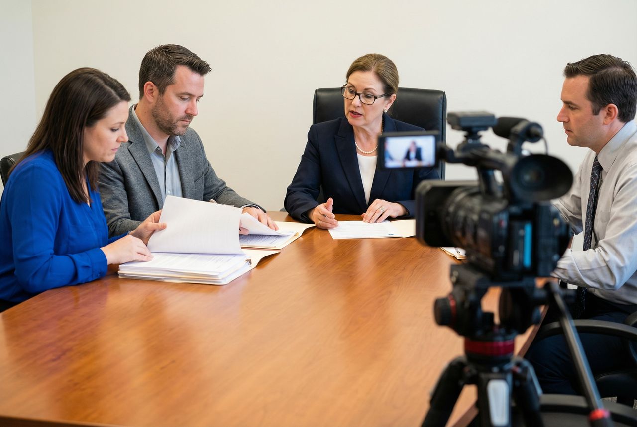 Нотариус с людьми подписывает документы, ведется видеосъемка
