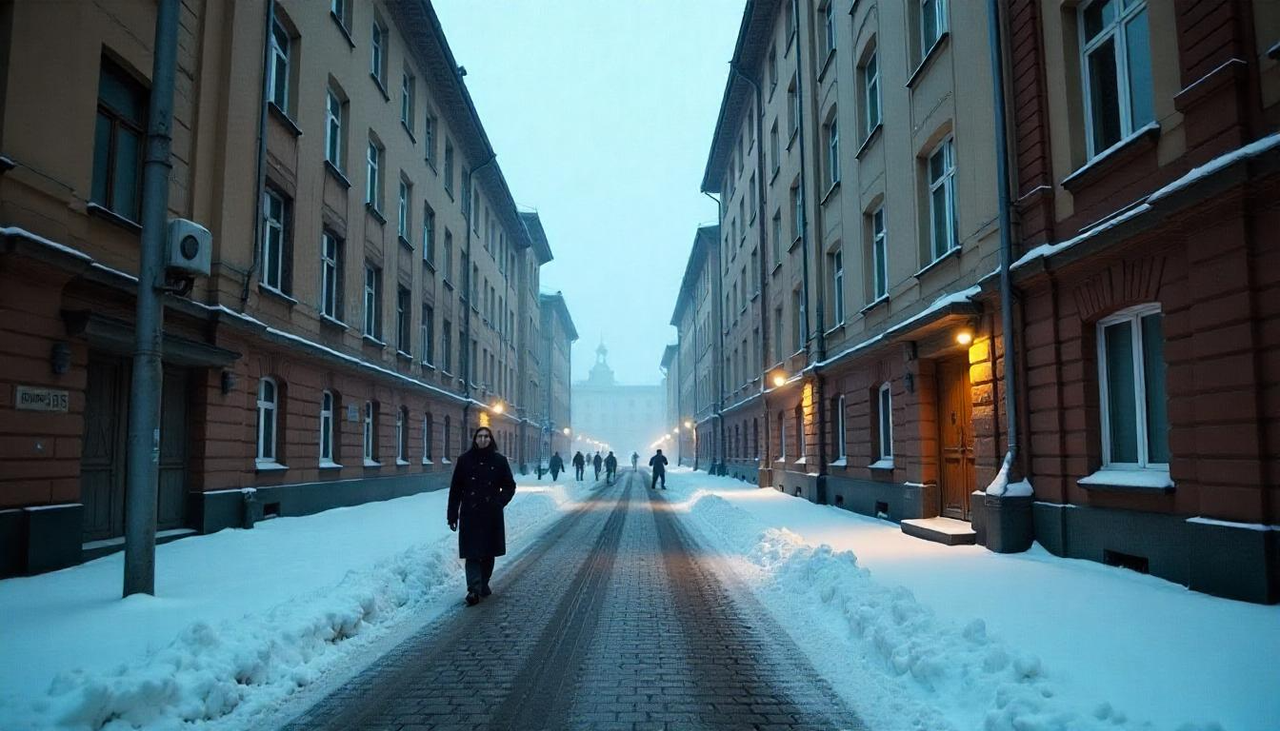 Зимняя улица. Два дома стоят на против друг друга. На улице довольно много людей.