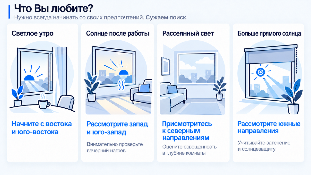 Выбор направления окон по предпочтениям: восток и юго-восток для светлого утра, запад и юго-запад для вечернего солнца, северные направления для рассеянного света, южные — для прямого солнца.