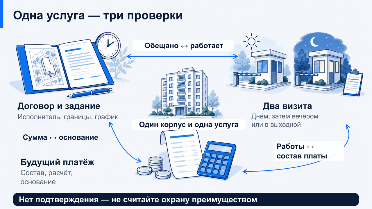 Договор и задание, два визита и будущий платёж связаны общей проверкой одного корпуса: заявленный график должен совпадать с работой поста, а состав платы и основание — с документами