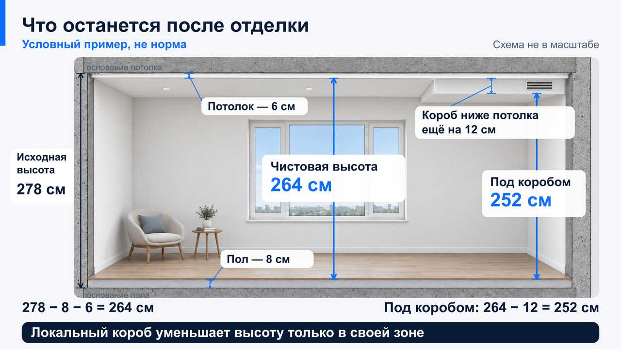 Условная комната: исходные 278 см уменьшаются на 8 см пола и 6 см потолка до 264 см; под локальным коробом с дополнительным опуском 12 см остаётся 252 см