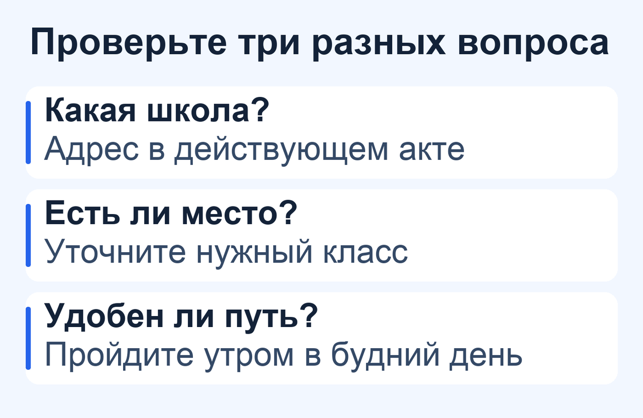 Отдельно подтвердите школу по полному адресу в действующем акте, уточните место в нужном классе и пройдите маршрут утром в будний день