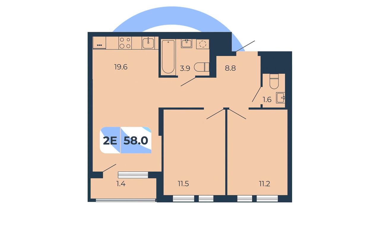 Двухкомнатная квартира 58м² с кухней-гостиной