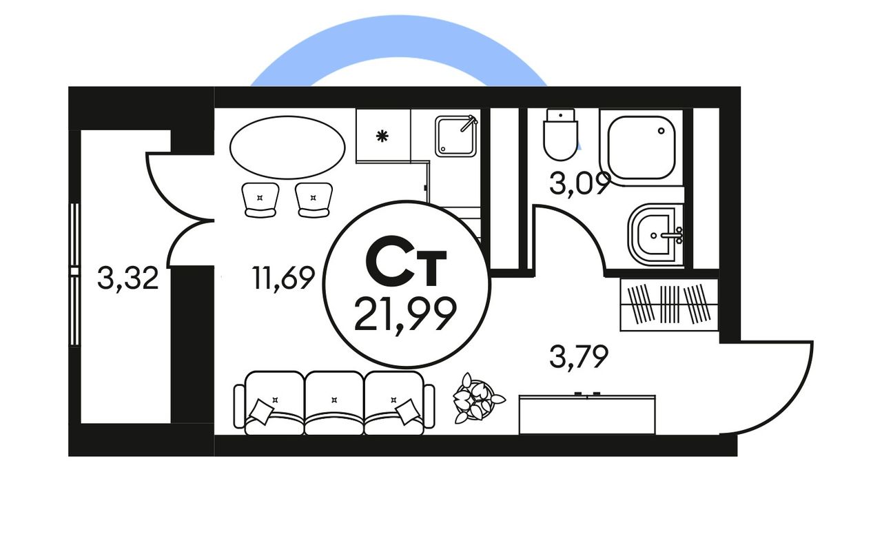 Студия 21,99м, гостинка