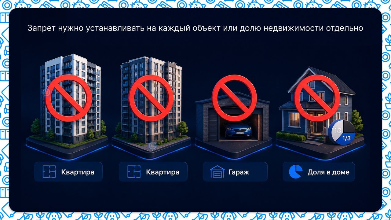Запрет нужно устанавливать на каждый объект или долю недвижимости отдельно
