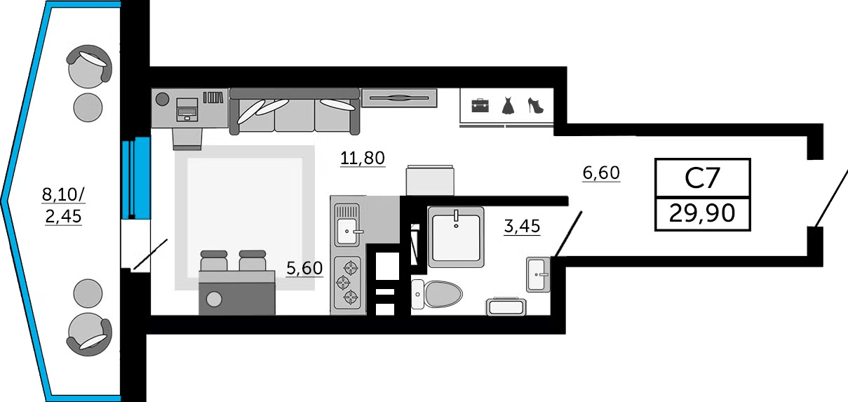 Студия 29,9м для сдачи в аренду