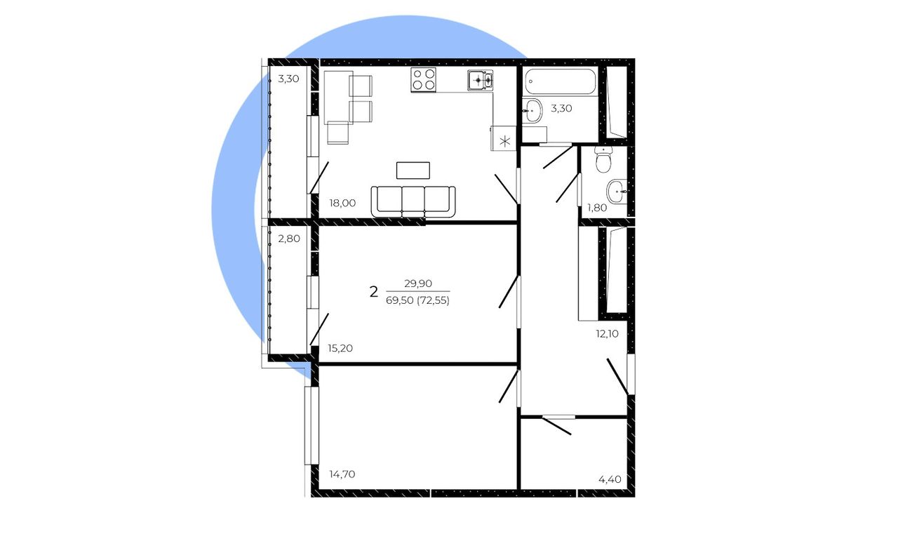 Кухня-гостиная в квартире 72,55м²