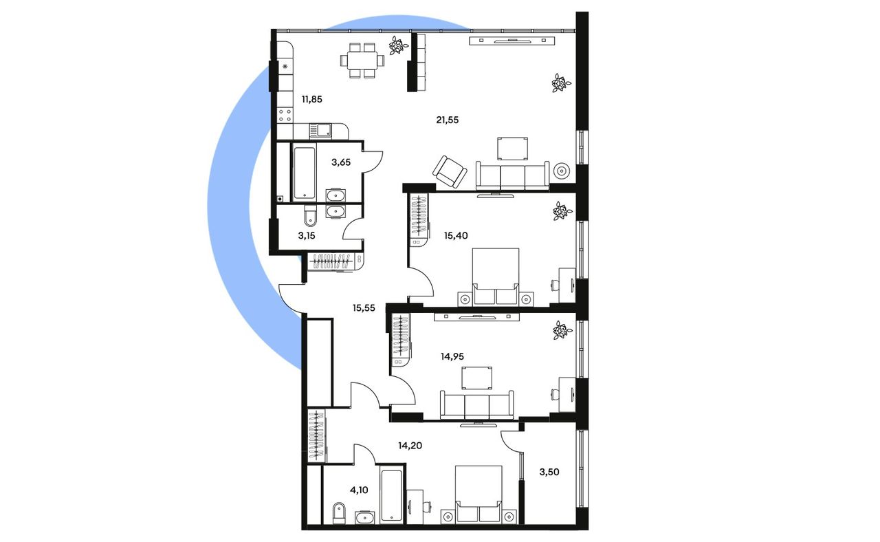 Трехкомнатная квартира с кухней-гостиной более 25м²