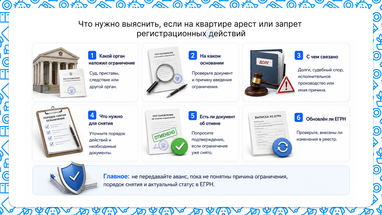 Что нужно выяснить, если на квартире арест или запрет 
регистрационных действий