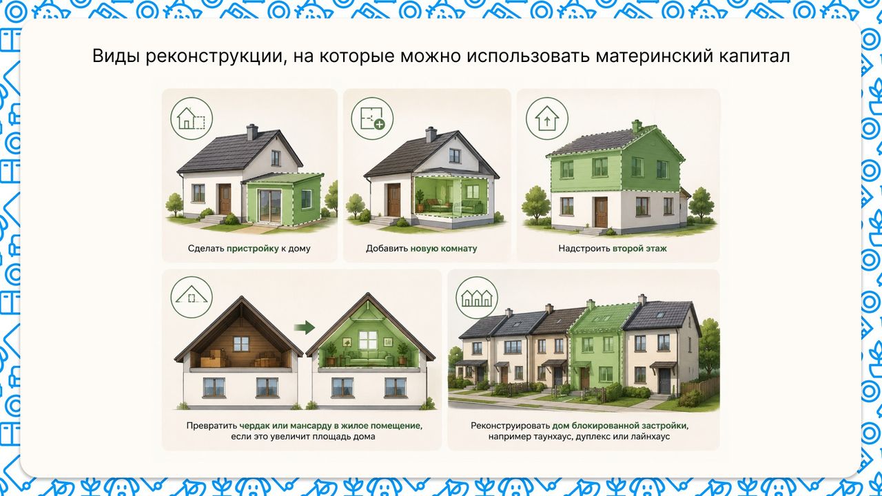Виды реконструкции, на которые можно использовать материнский капитал