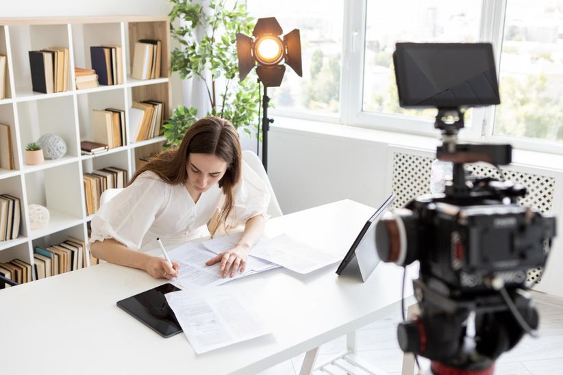 Девушка подписывает документы под видеокамерой